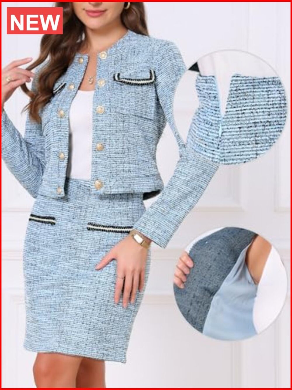 Tweed Jacket and Mini Skirt 2-Piece Set - Office Wear - Picture 2 of 5